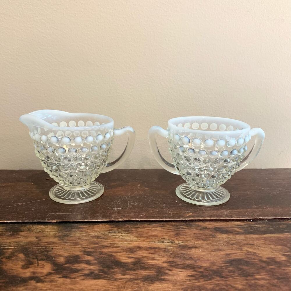Anchor Hocking 1950s Opalescent‎ Hobnail Moonstone Creamer & Sugar